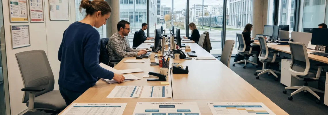 Bureau moderne de direction des ressources humaines avec documents de grilles salariales et organigrammes étalés sur un plan de travail épuré, éclairage naturel
