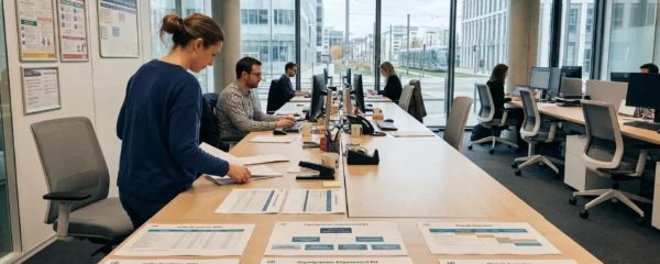 Bureau moderne de direction des ressources humaines avec documents de grilles salariales et organigrammes étalés sur un plan de travail épuré, éclairage naturel