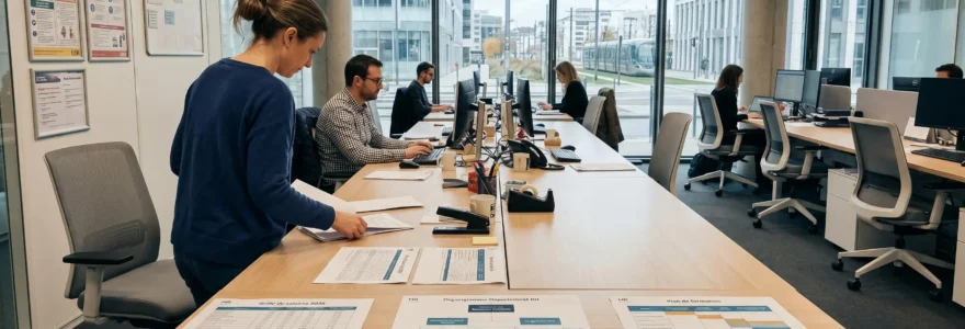Bureau moderne de direction des ressources humaines avec documents de grilles salariales et organigrammes étalés sur un plan de travail épuré, éclairage naturel