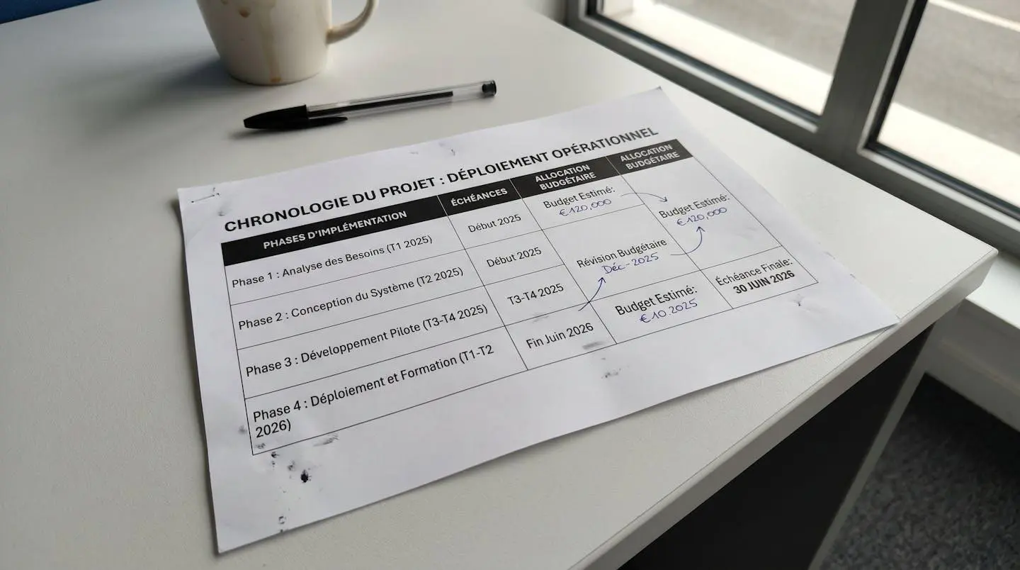 Gros plan sur un calendrier de projet affichant les phases de mise en œuvre et l'échéance juin 2026, avec colonnes budgétaires visibles sur un bureau moderne