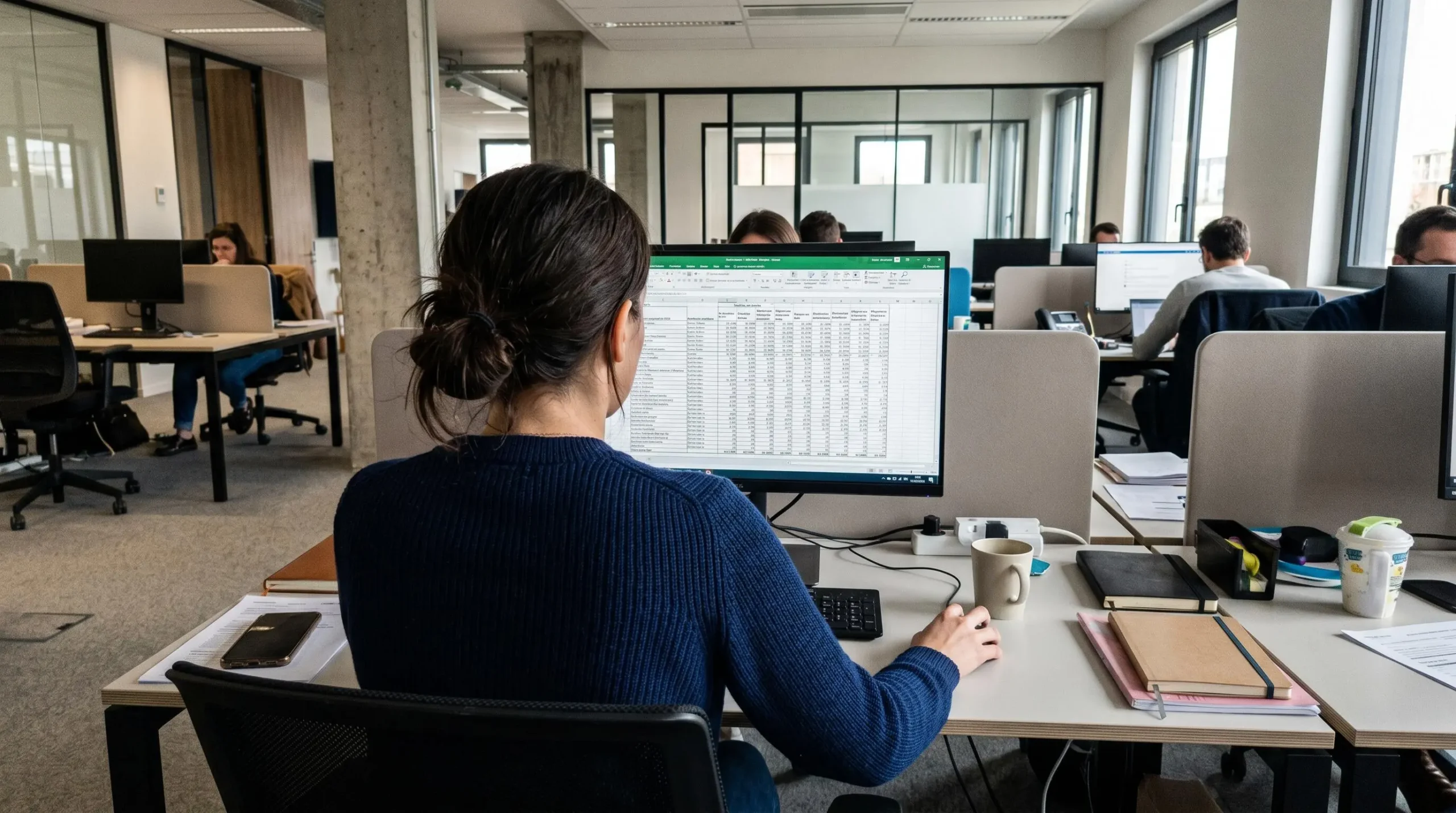 Responsable ressources humaines de dos analysant un tableau comparatif de salaires sur écran d'ordinateur dans un bureau moderne