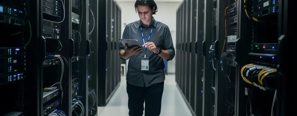 Technicien IT vérifiant des serveurs avec une tablette dans une allée de data center moderne