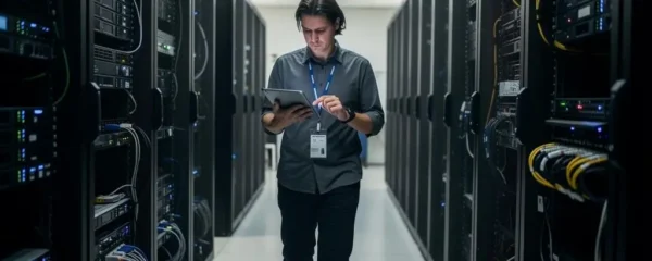 Technicien IT vérifiant des serveurs avec une tablette dans une allée de data center moderne