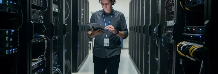 Technicien IT vérifiant des serveurs avec une tablette dans une allée de data center moderne