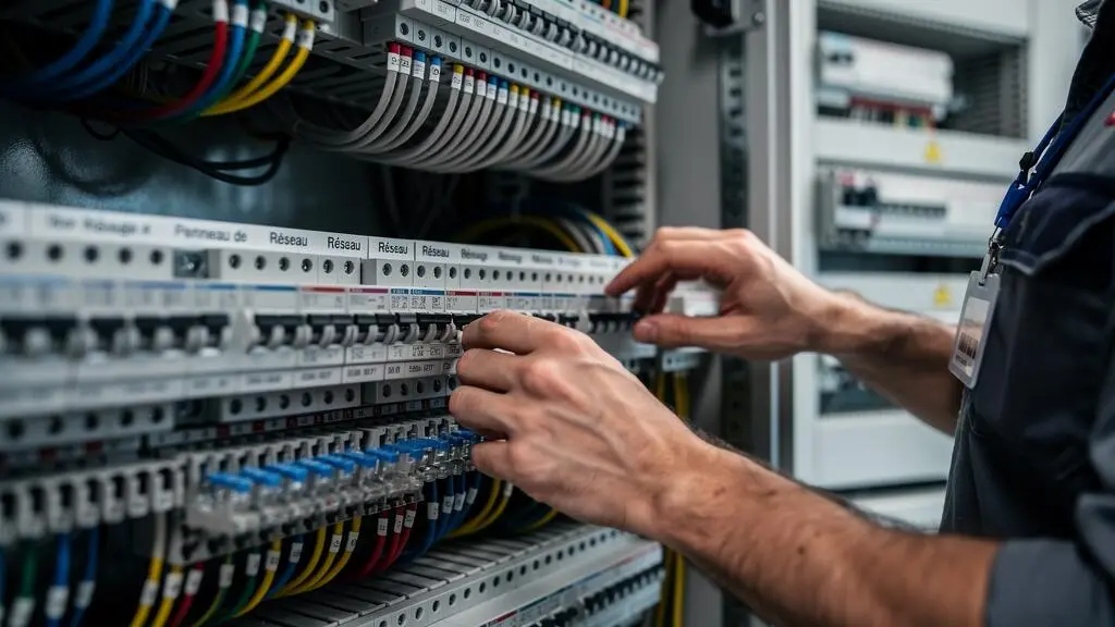 Technicien réseau installant ou vérifiant des connexions dans une baie de brassage avec câbles structurés